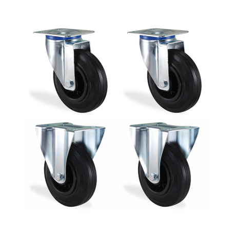 Lot roulettes pivotantes & fixes caoutchouc noir 80mm - 150kg Lot roulettes pivotantes & fixes caoutchouc noir 80mm - 150kg