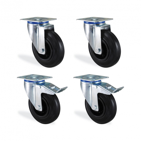 Lot roulettes pivotantes & pivotantes à frein caoutchouc noir 100mm - 210kg Lot roulettes pivotantes & pivotantes à frein caoutchouc noir 100mm - 210kg