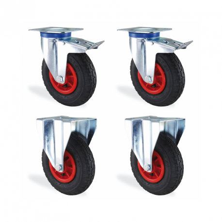 Lot roulettes pivotantes à frein & fixes pneumatique 200mm - 225kg Lot roulettes pivotantes à frein & fixes pneumatique 200mm - 225kg